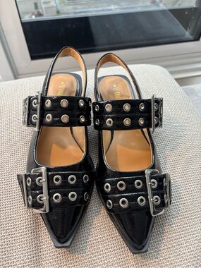 Black Patent Pointed Slingback Flats with Grommet Straps